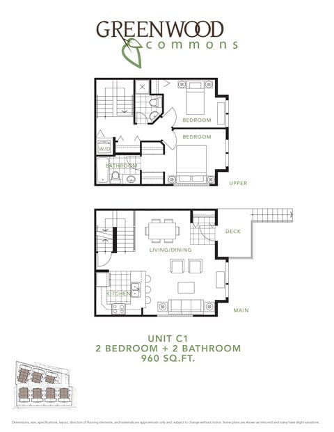 Floor plan for 2 beds, 2 baths, 989 sqft